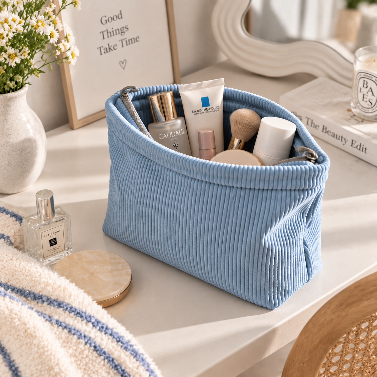 Soft Corduroy Cosmetic Organizer Bag