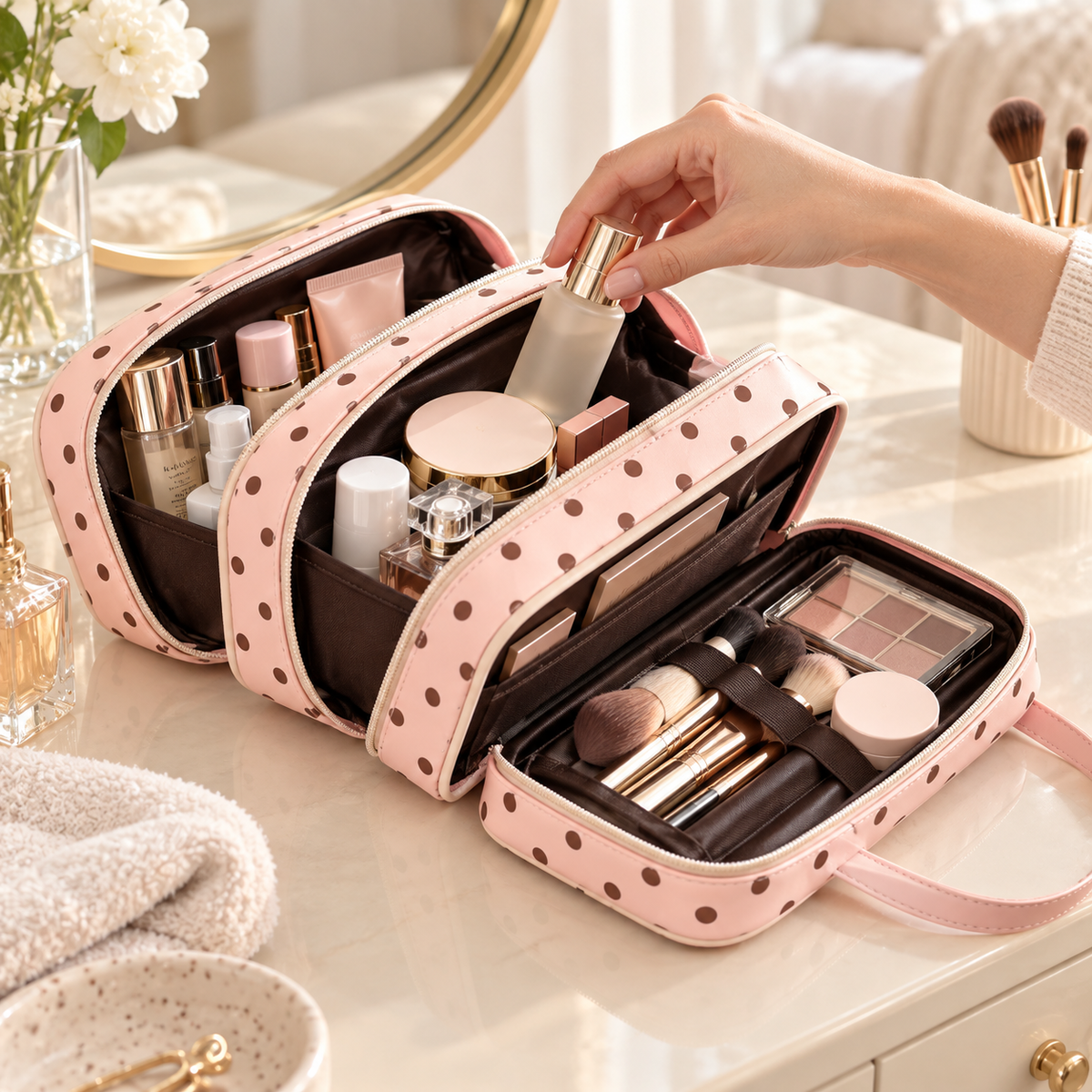 3-Layer Polka Dot Makeup Bag