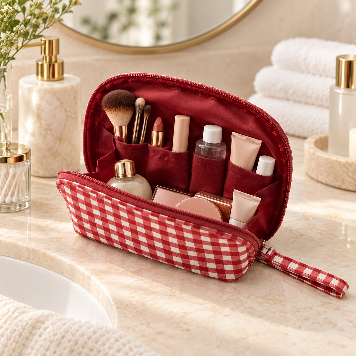 Waterproof Gingham Double-Layer Cosmetic Bag