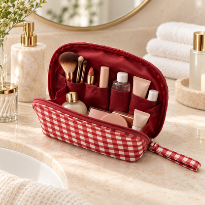 Waterproof Gingham Double-Layer Cosmetic Bag